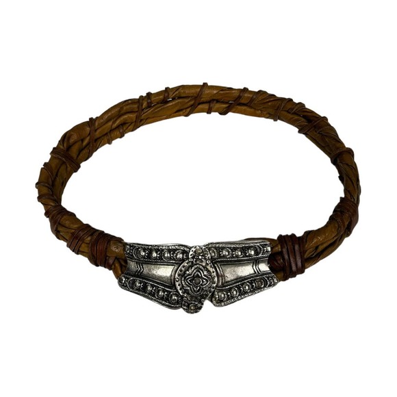 Vintage Accessories - Vintage Leather Waist Belt One Size 31" Brown Twisted Ornate Buckle Unique Boho